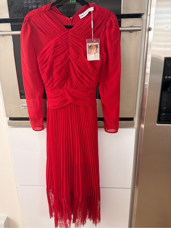 Self-Portrait Dresses & Skirts - Self-Portrait Red Pleated & Ruched Long Sleeve Midi Dress